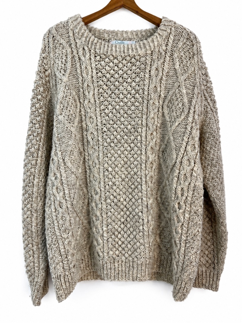 Quill’s Woolen Market Ivory Chunky Cable 0949 Knit Wool Irish Sweater beige